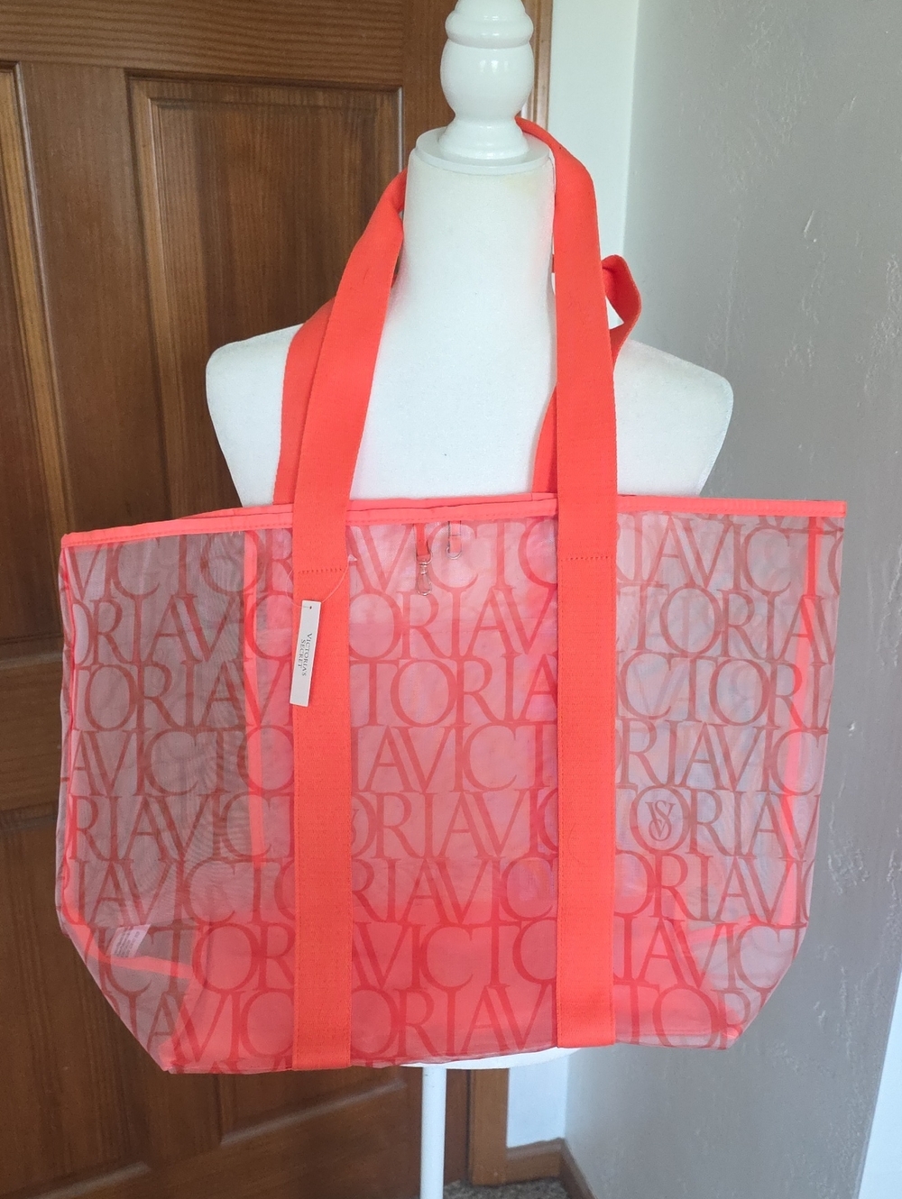 Victoria's Secret Neon Coral Logo Mesh Tote